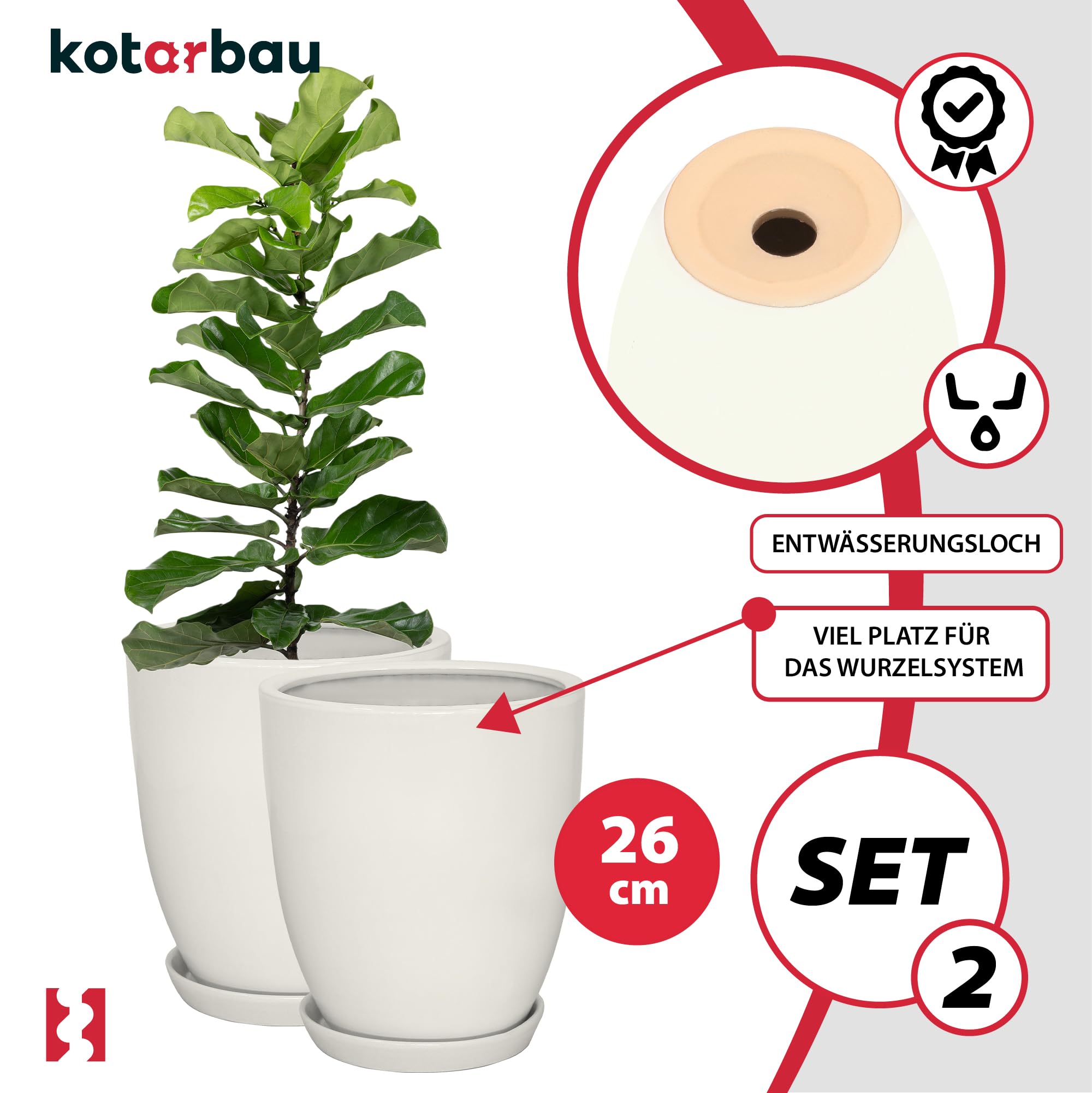 Doniczka ceramiczna szkliwiona biała na kwiaty rośliny 26 cm zestaw 2 szt. - KOTARBAU - 4