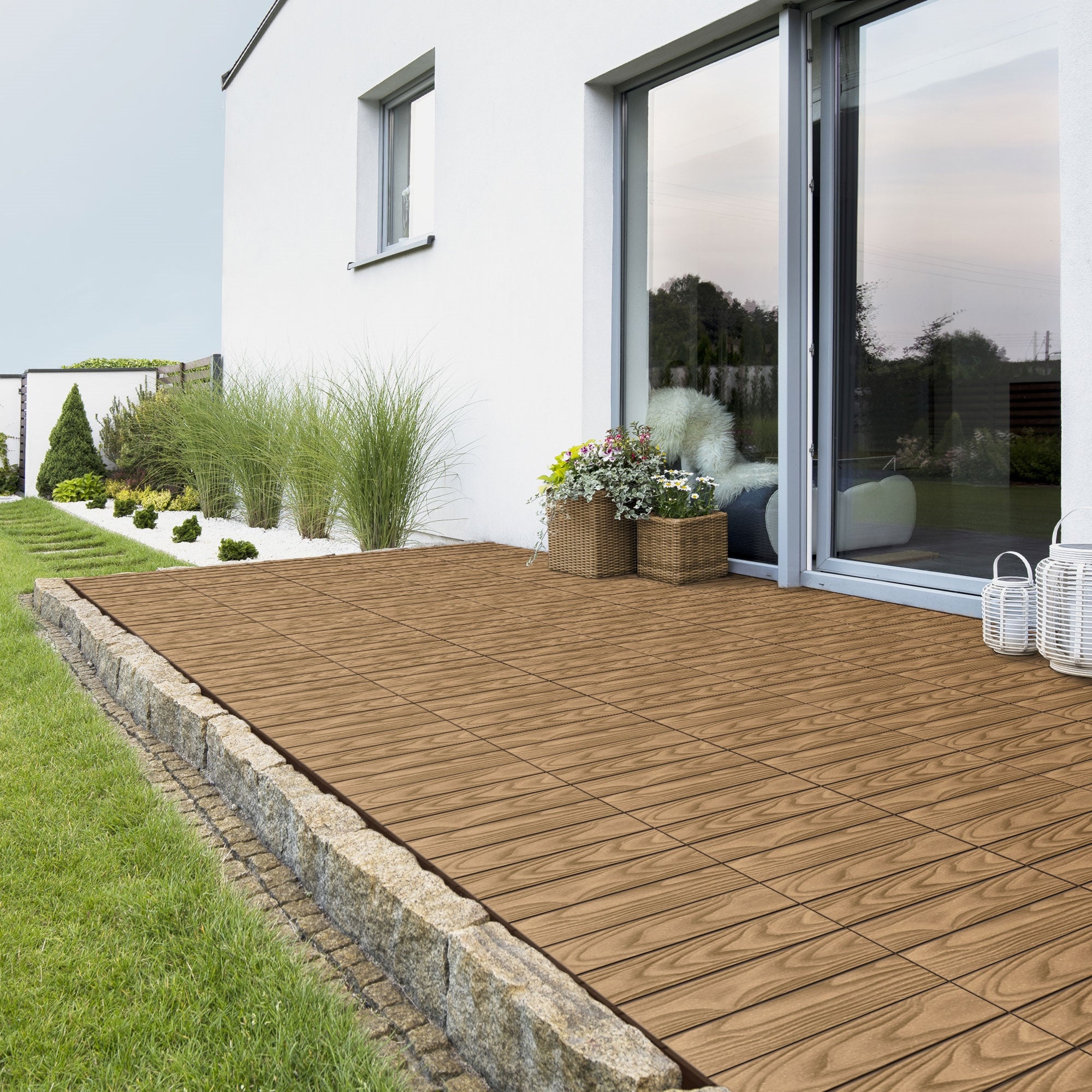 ECD Germany plytki tarasowe wpc 30x30 cm 55 sztuk 5m² kwadratowy teak panele podłogowe klik odpływ wodny balkon taras ogród patio weranda - 8