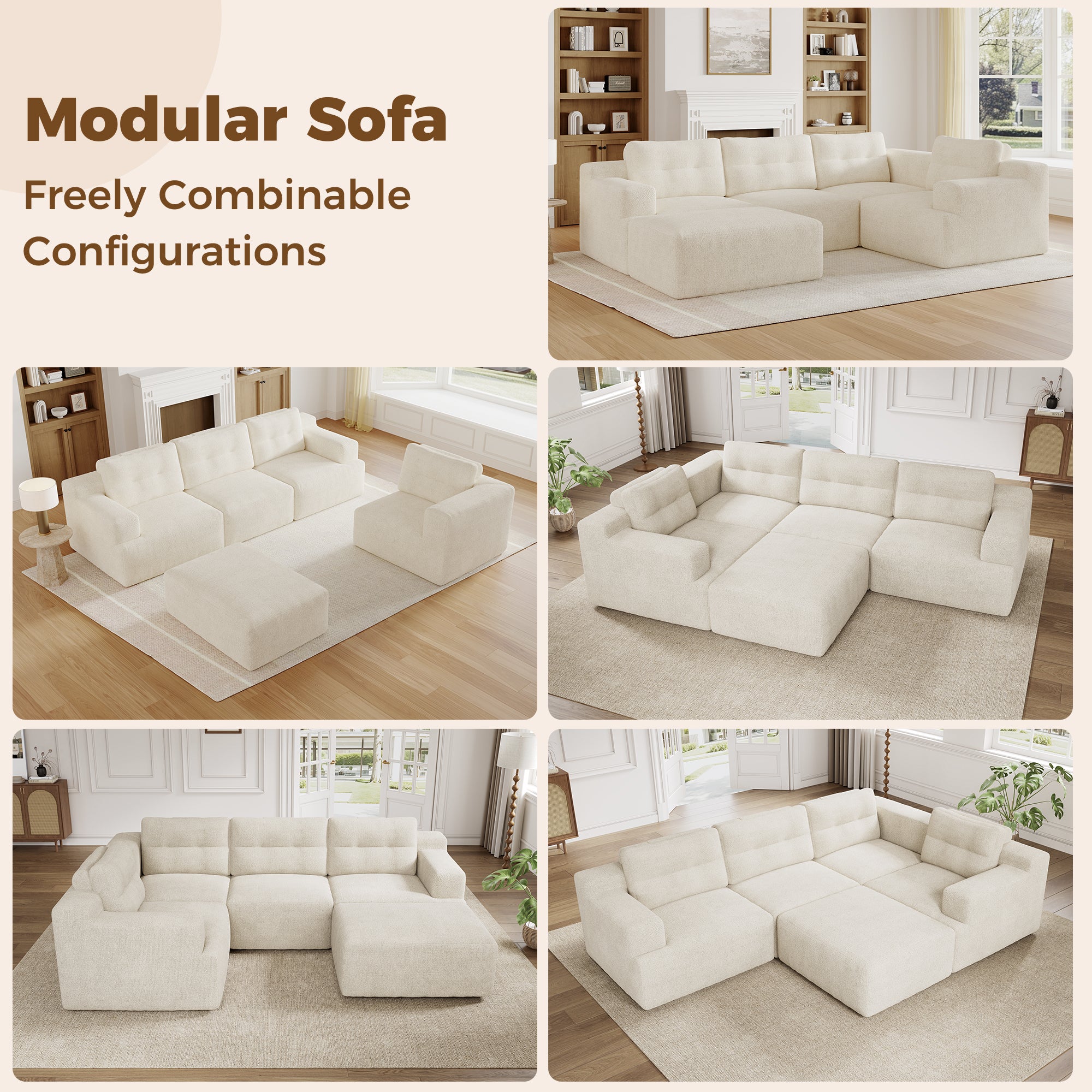 Canapé modulable 5 places U/L 252x180x82 cm, mousse intégrale, sans structure rigide, sans montage, chenille, beige - 6