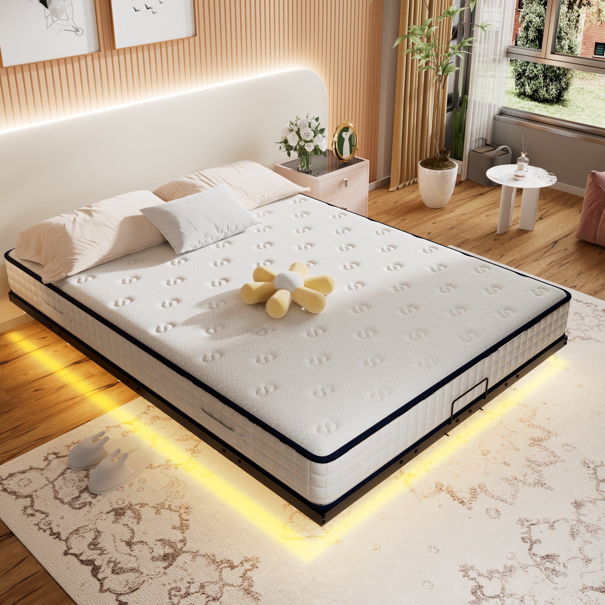TEENO Lit 140x190 Flottant LED – Cadre De Lit Double Métal Avec Rangement Et Lumières RGB Multicolores