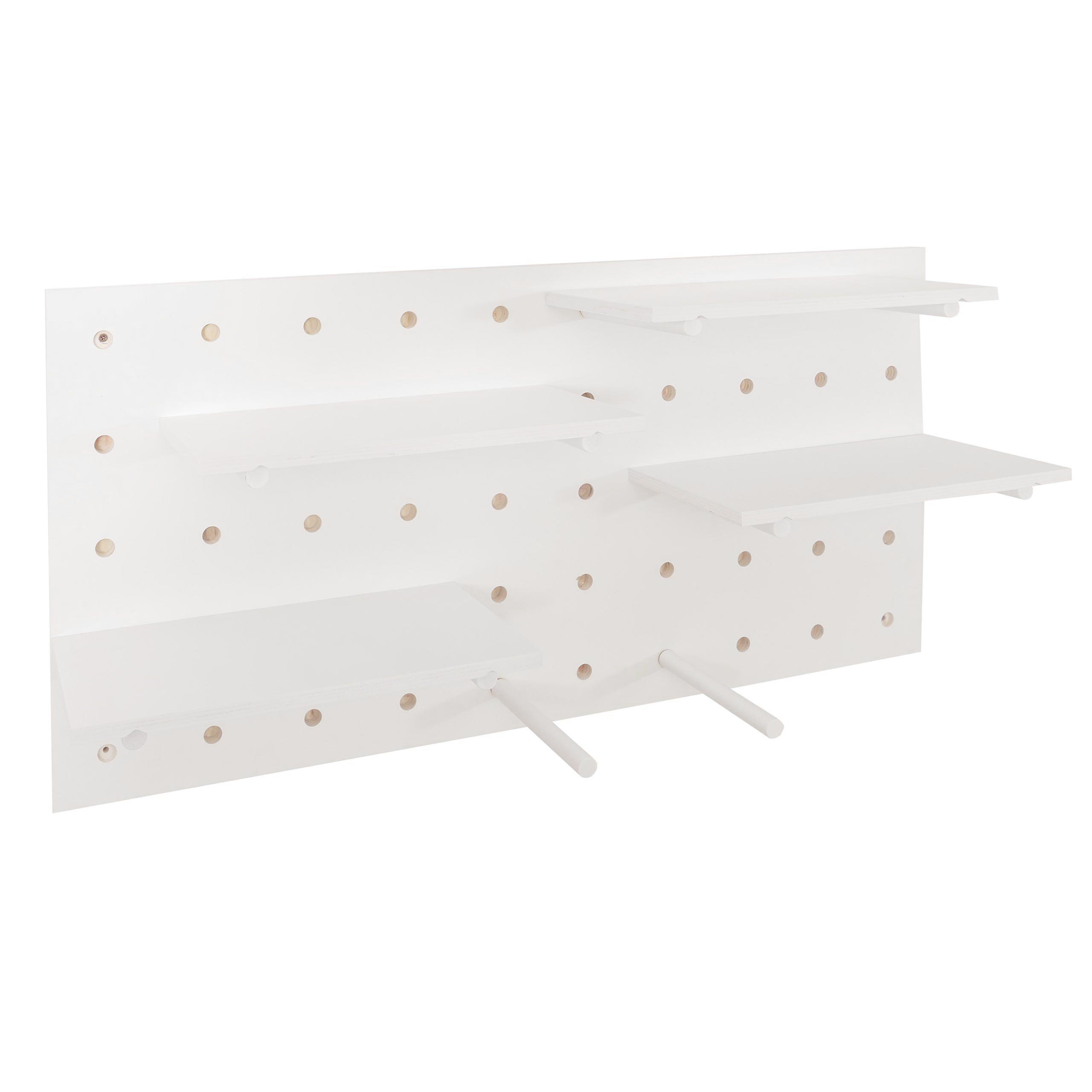 Panel ścienny HWC-P24, dekoracja ścienna Półka ścienna Płyta perforowana, 4 poziomy Zawieszenie 100x50cm MVG ~ biały