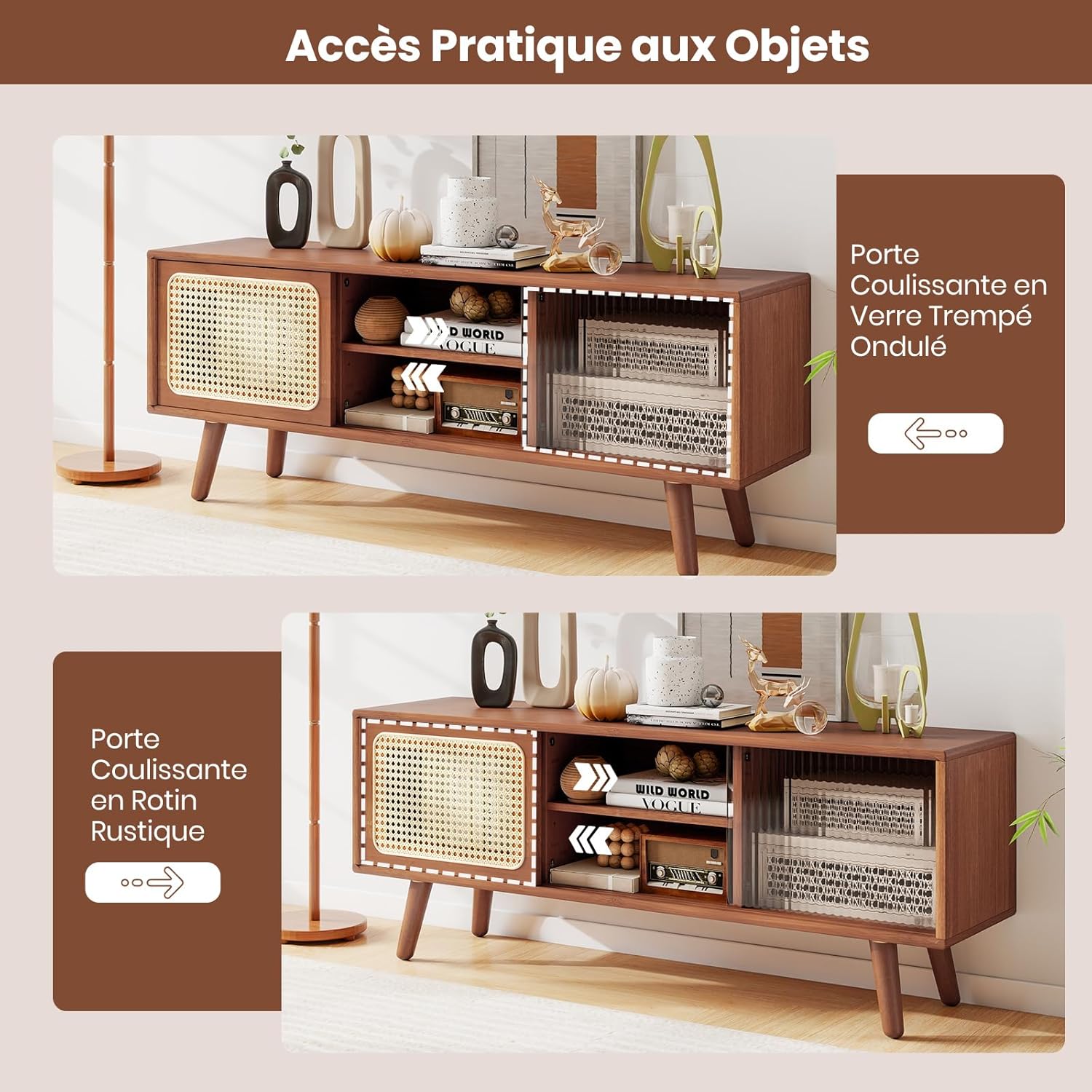 Meuble TV en Bambou avec 4 Compartiments pour TV 55