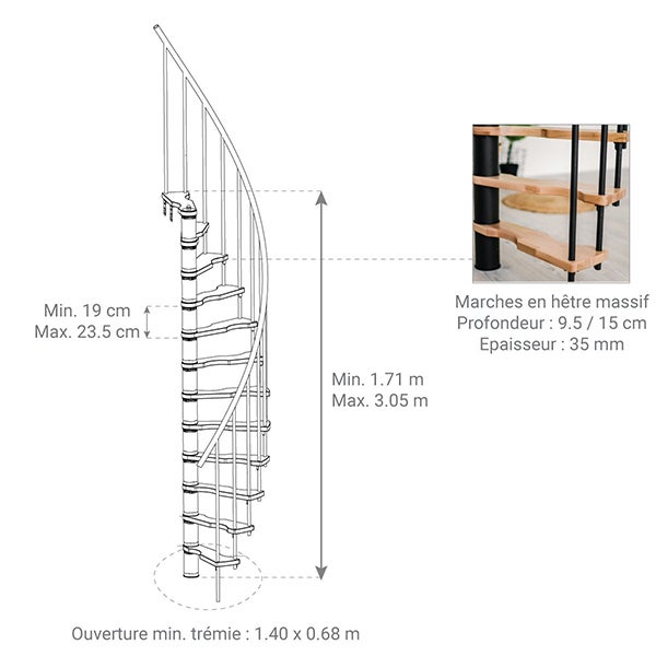 Escalier colimaçon 8 marches - Hauteur à franchir 1.71 à 2.12m - Structure blanche et marche hêtre - Diamètre 140cm - SUON140/BH-8 - 2