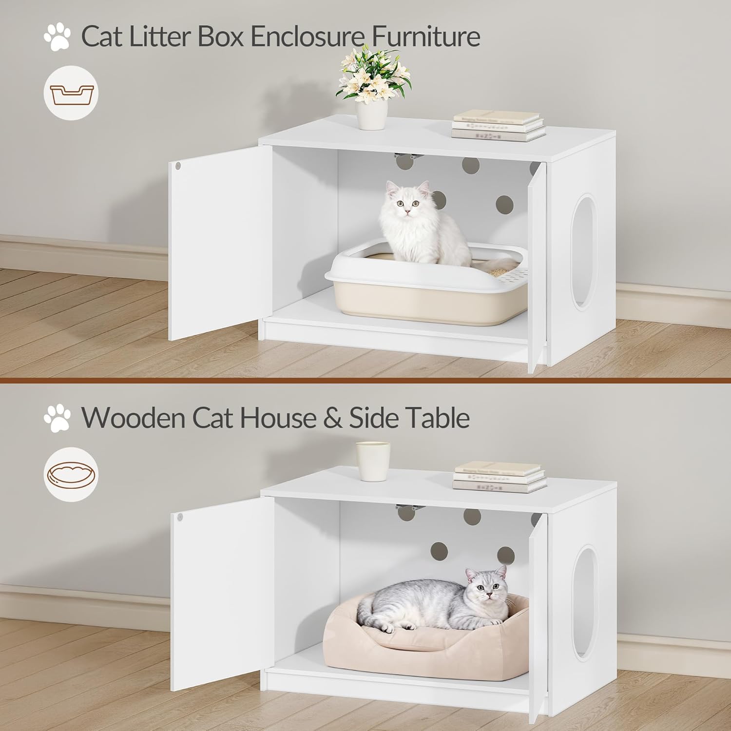 Móvel para caixa de areia para gatos, casa sanitária para gatos com portas de abertura por pressão e orifícios de ventilação, branca - 5
