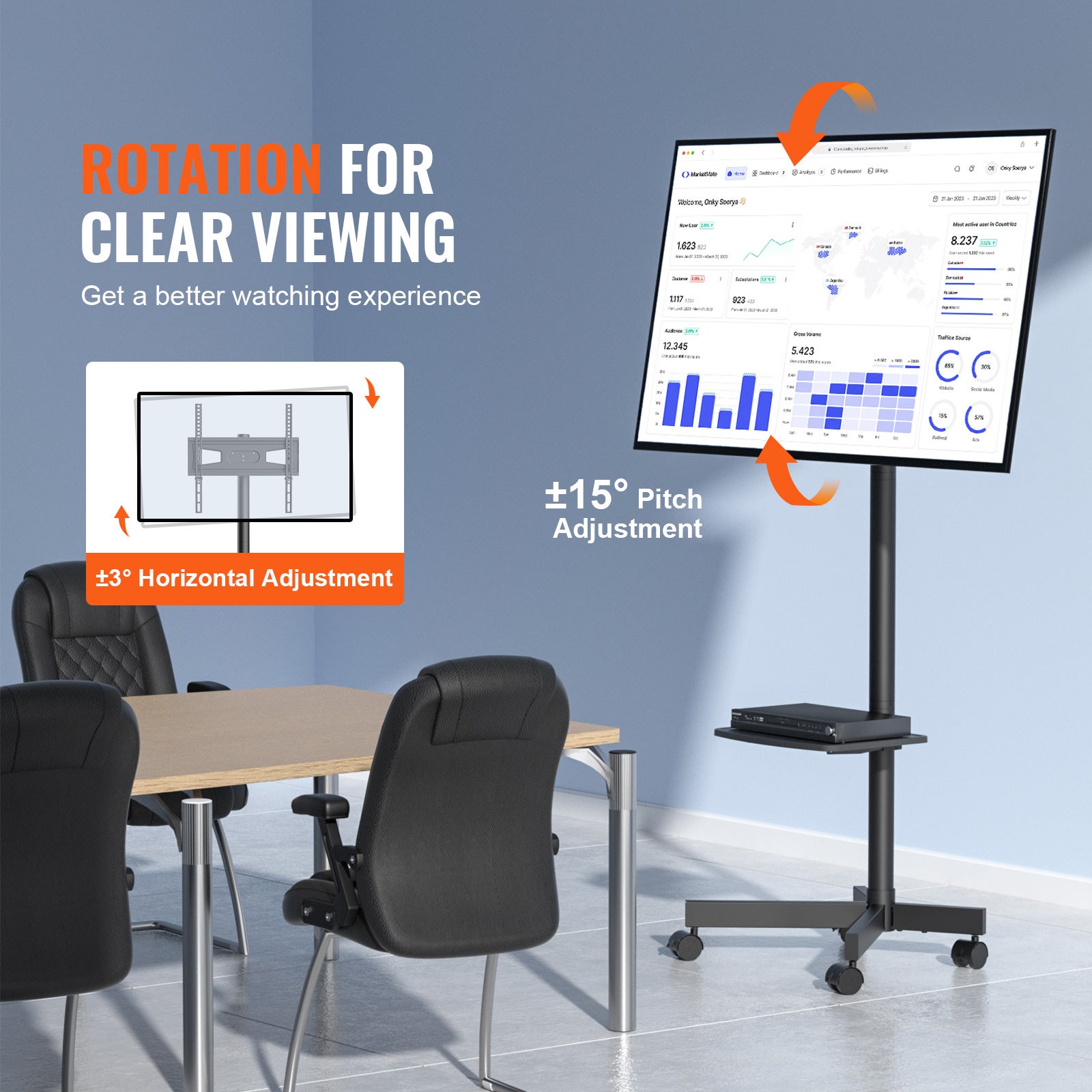 Support TV VEVOR sur Pied Universel pour Televisions de 23 a 60 pouces Chariot TV Hauteur Reglable a 3 Niveaux 143-154 cm Meuble TV Mobile Charge 40 k - 3
