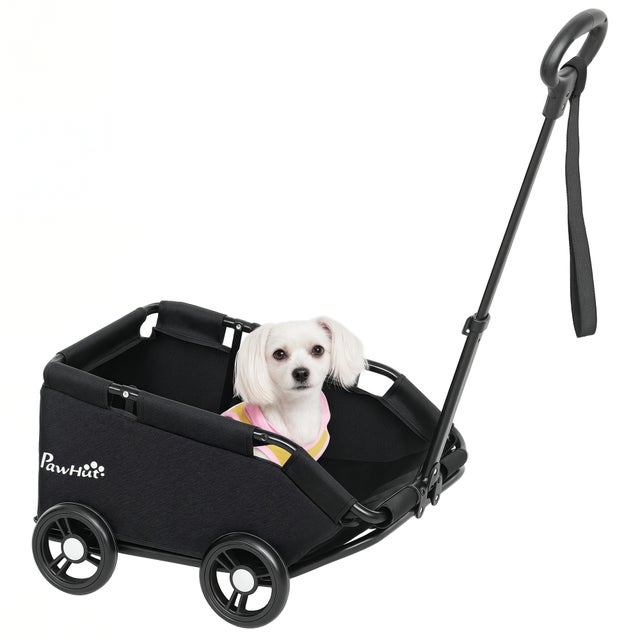 Carrinho para cães pequeno dobrável de 4 rodas com empunhadura ajustável, 53x45x28 cm, preto.