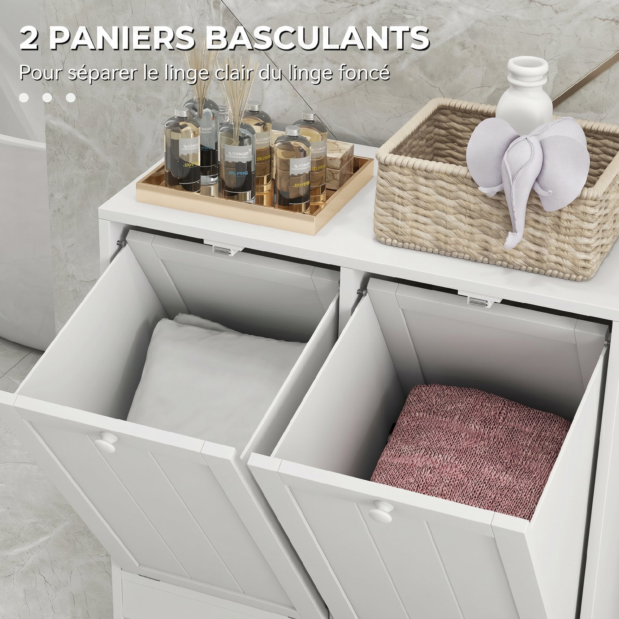 Meuble salle de bain avec panier à linge - kleankin - 2 portes et 2 paniers - bois - 66x33x68cm - blanc - 4