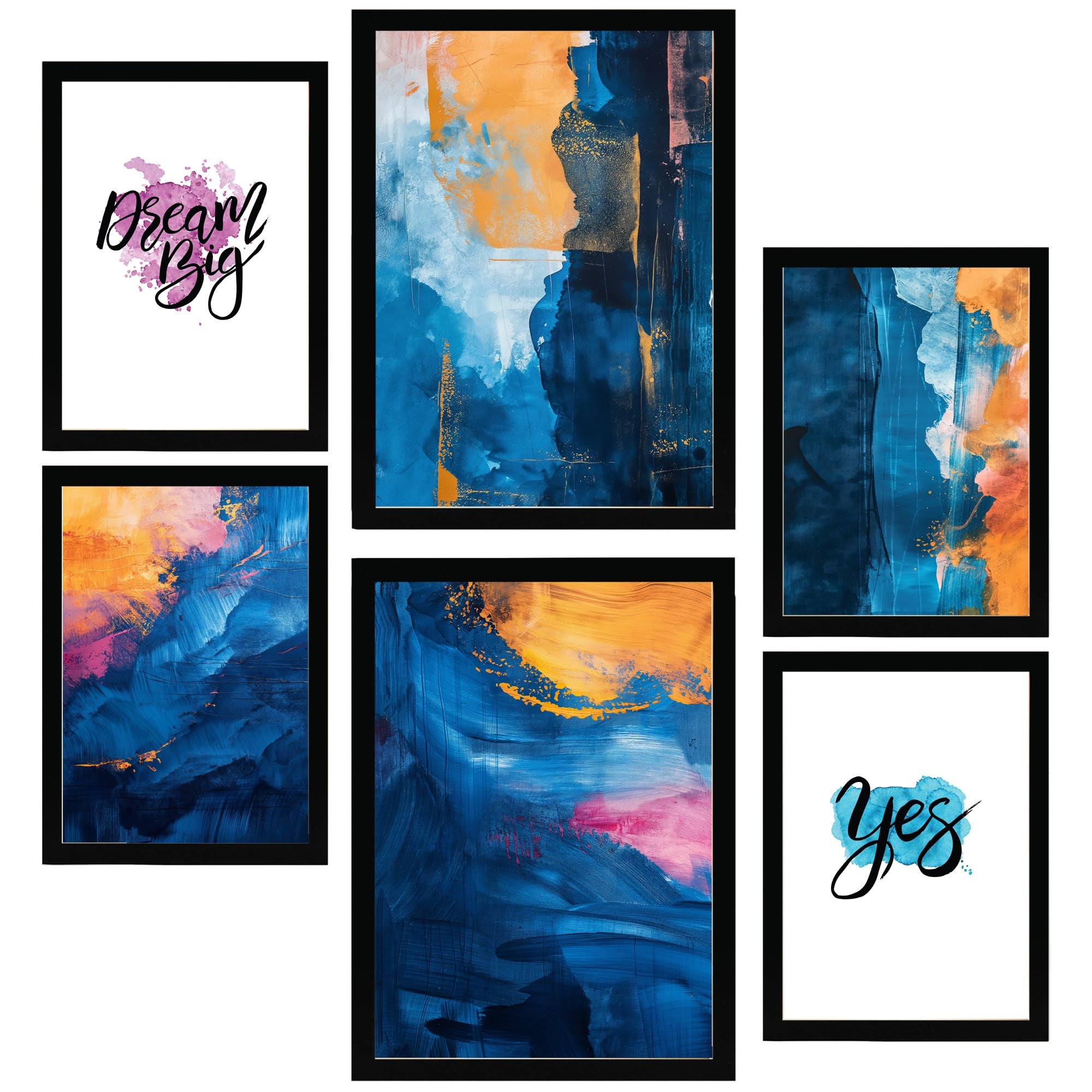 Set de 6 abstract colors blue gold turquese shapes cuadros con ilustración de diseño para decorar las paredes del hogar habitación a3 a4 marco negro