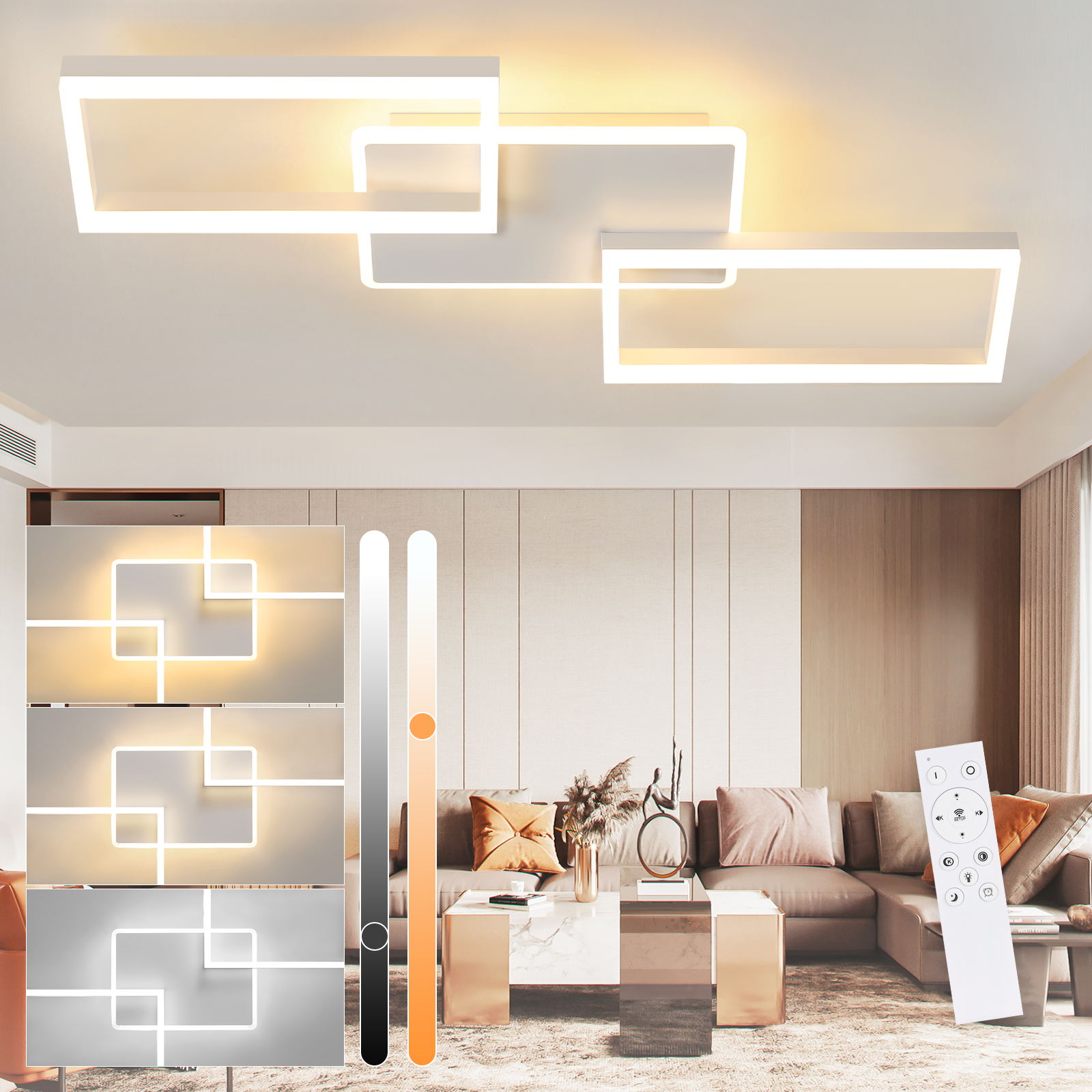 NETTLIFE Lampa sufitowa LED do salonu – ściemnialna lampa sufitowa z pilotem 63 W – duża – nowoczesna biel