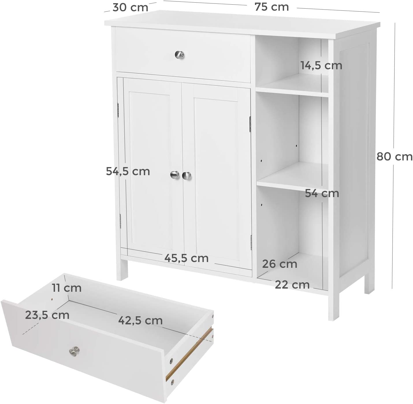 Armoire De Salle De Bain avec tiroir, 3 Compartiments Ouverts, 2 Portes, 75 x 30 x 80 cm, Blanc Mat - 5