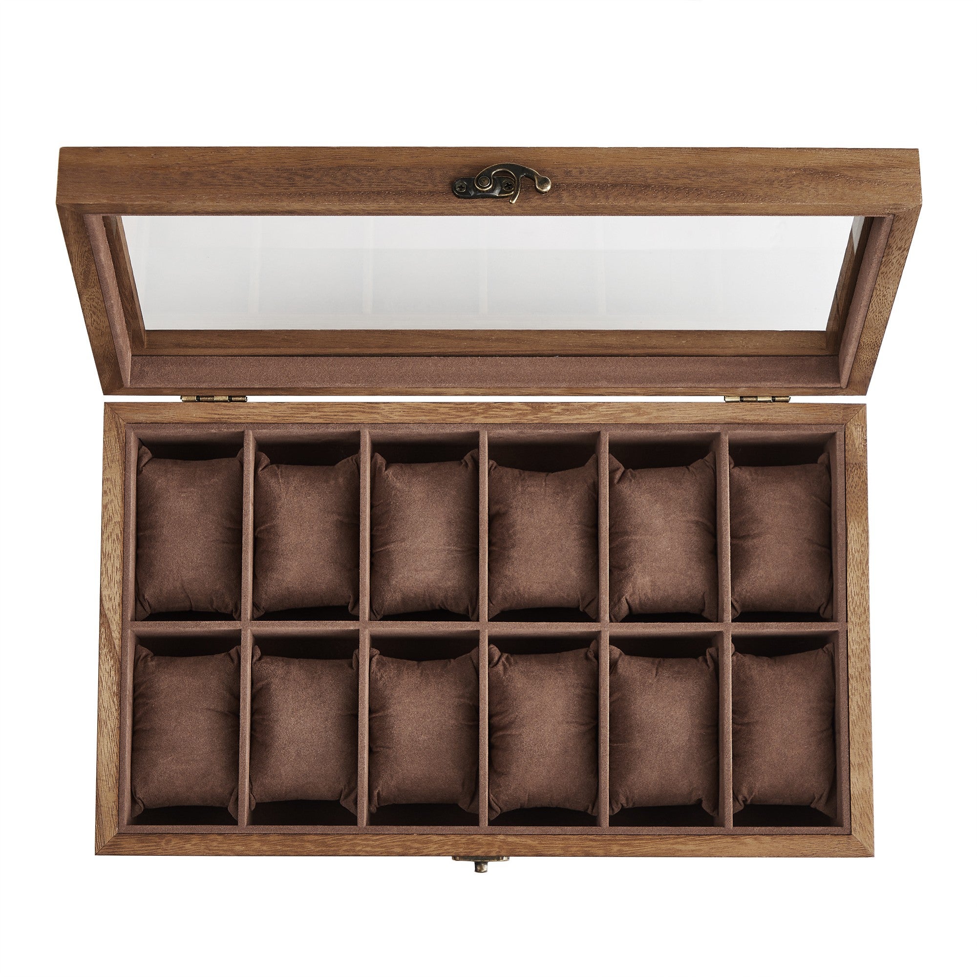 Scatola Porta Orologi Da 12 Scomparti In Legno – Vetro, Fibbia Metallo, Cuscini Di Seta, Idea Regalo
