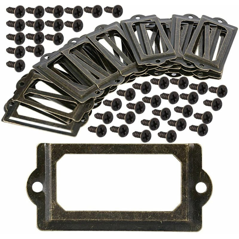 Opakowanie 30 metalowych uchwytów na etykiety ze śrubami, 70x33mm, etykiety do szuflad szafek, uchwyty na etykiety w kolorze brązu vintage ze śrubami