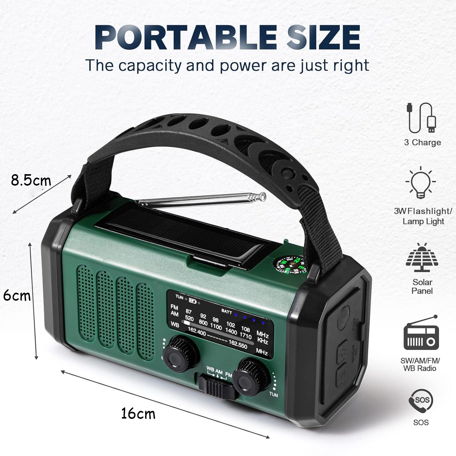 Radio de emergencia con linterna: radio de manivela con energía solar de 10 000 mAh, radio AM/FM/WB, alarma SOS, carga USB-C y brújula incorporada - 7