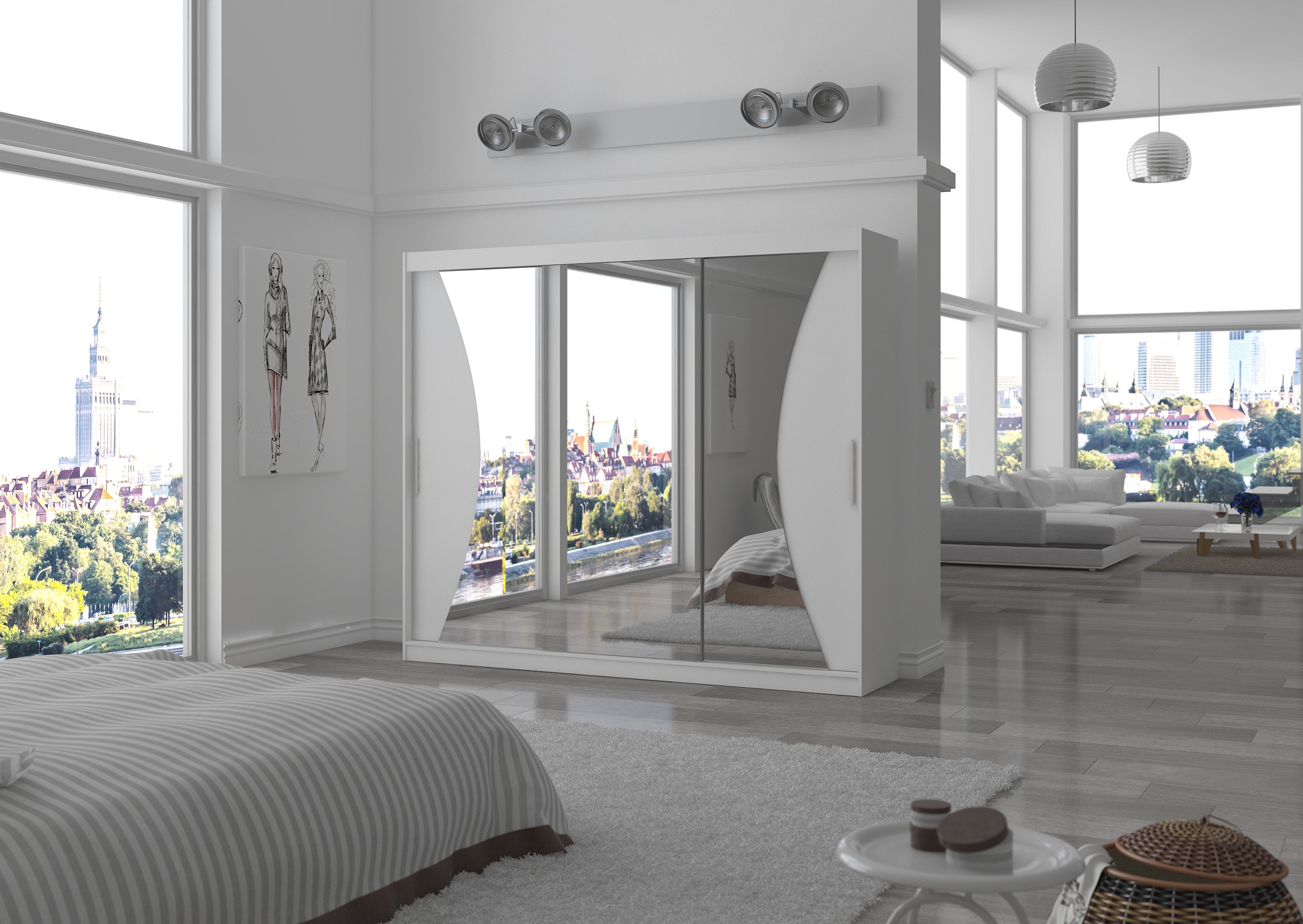 Grande armoire de chambre à coucher 3 portes coulissantes blanches et miroir Douko 250cm - 3