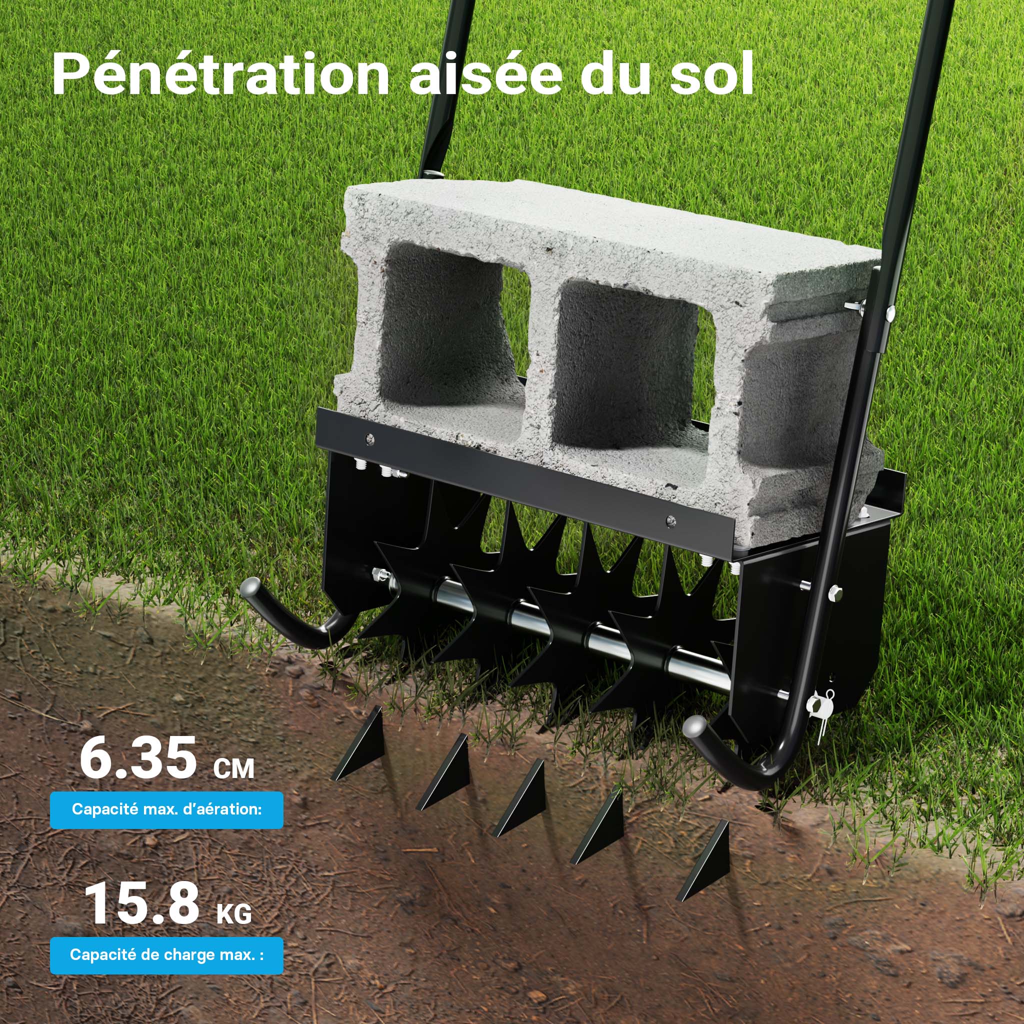 Aérateur de Gazon rotatif 5 pointes Noir Profondeur 2,5 pouces 44 x 20,3 x 100 cm 6,3 kg Lestage 15,8kg max. largeur de travail 16
