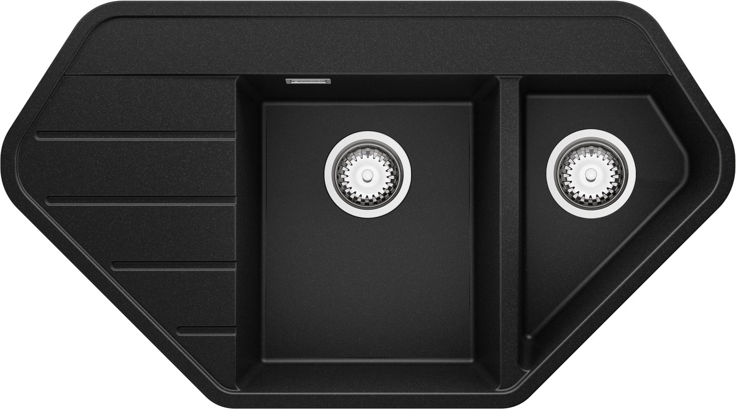Zlewozmywak Narożny Czarny 90x50cm, Zlew Kuchenny 1,5 Komorowy + Syfon, Nablatowy do szafki od 70cm - Kopenhaga Corner PRIMAGRAN