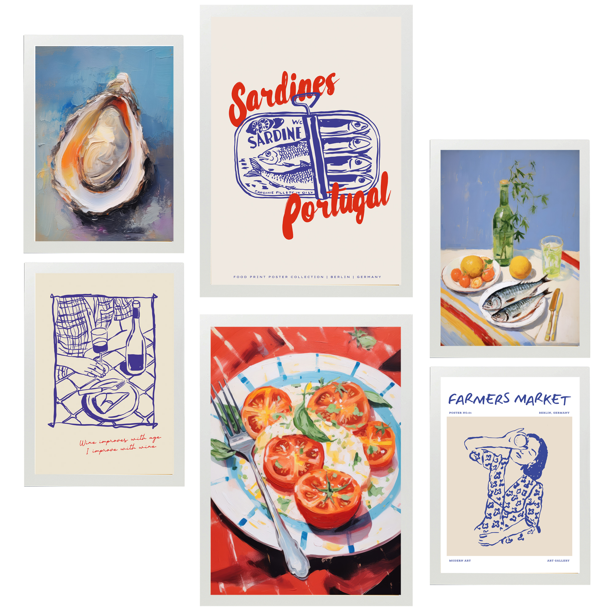 Nacnic set de 6 pósters ilustraciones de alimentos y comida estilo pop art dieta mediterranea marco blanco