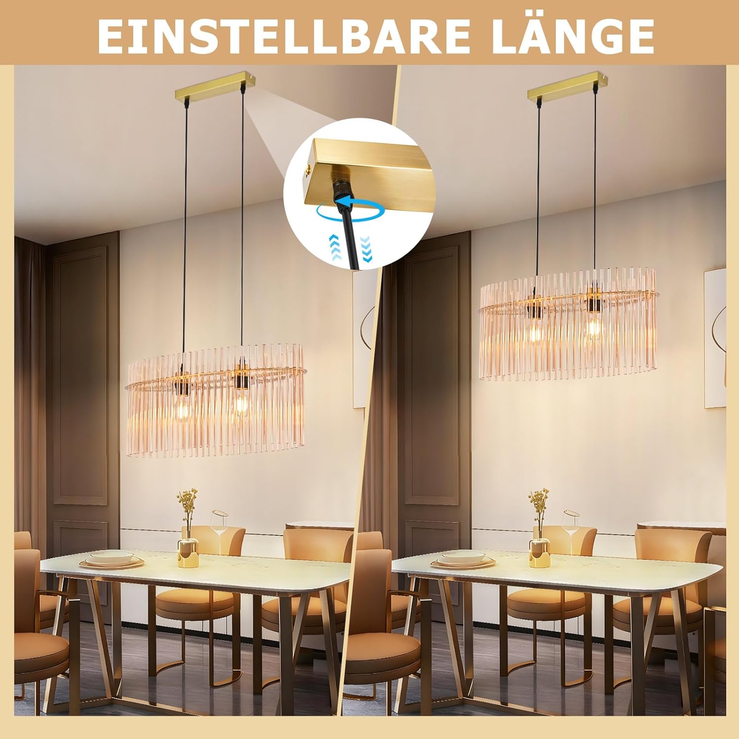 ZMH Lampa wisząca E27 Złote szkło 2 płomienie do kuchni salonu (bez żarówki) - 8