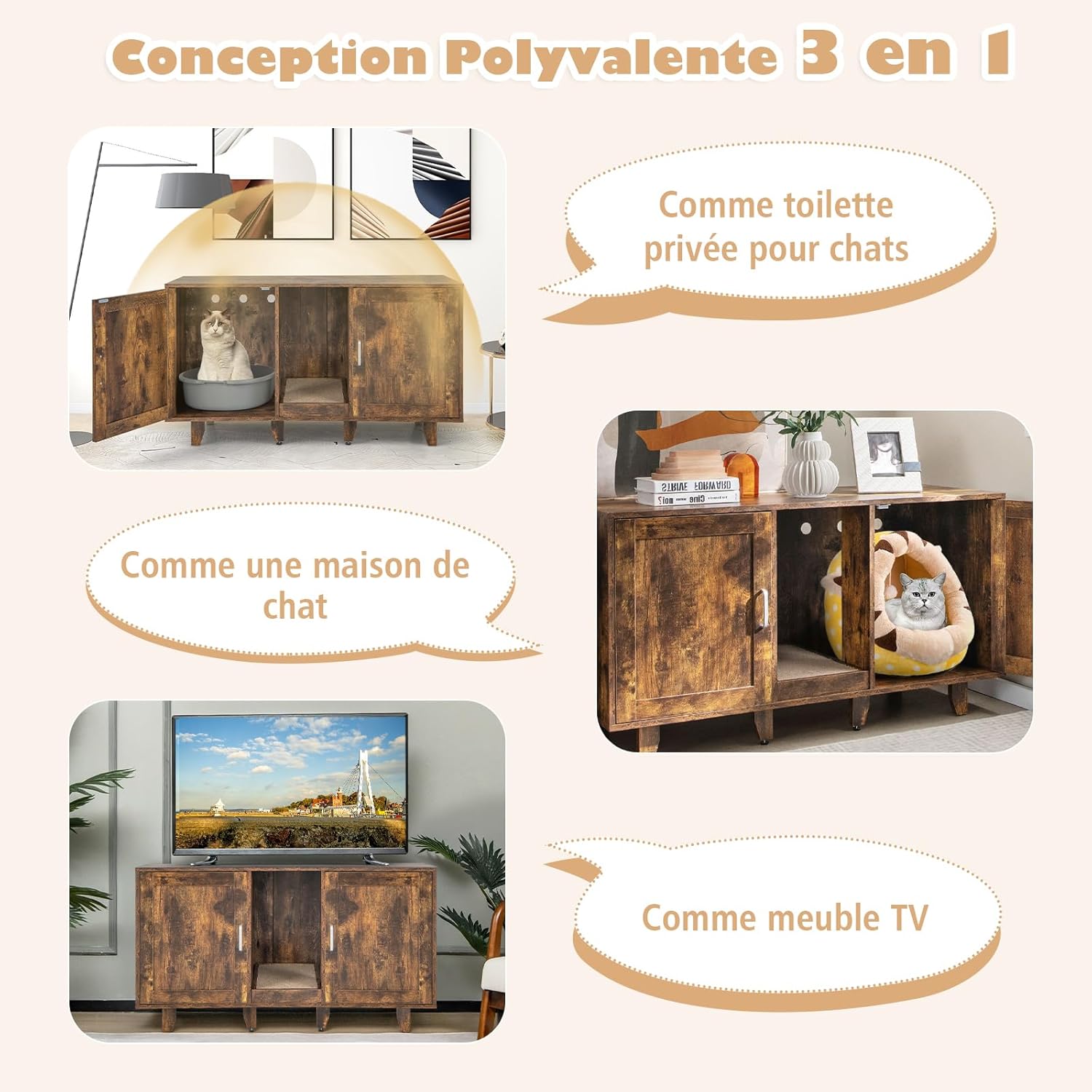 Caixa de Areia para Gatos 3 em 1 com 2 Portas, Pernas Removíveis e Arranhador Removível, Estilo Industrial - 3