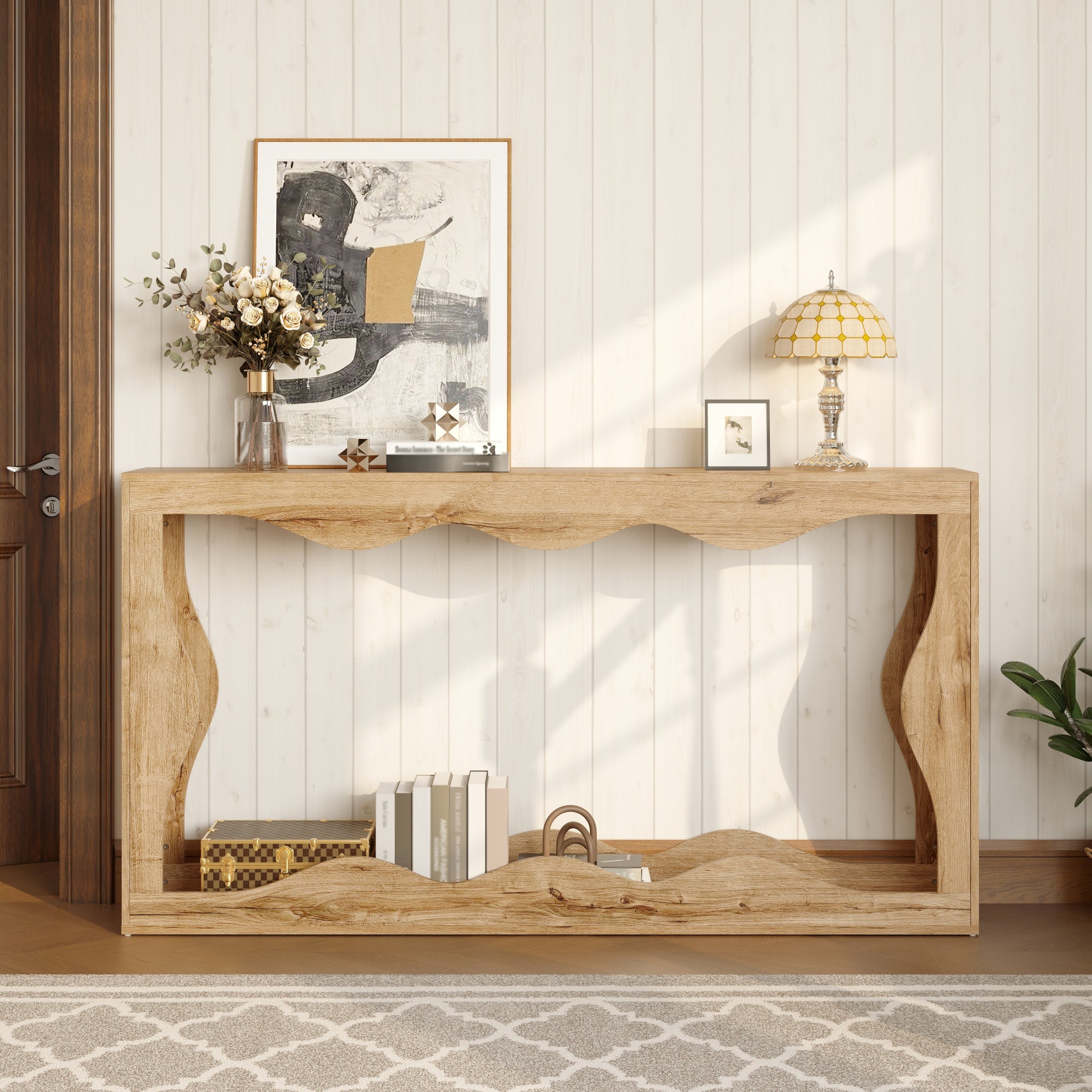 Table console à 2 niveaux avec design ondulé - 160,5 x 30 x 86,5 cm - Panneaux de particules - Structure ajourée effet bois - Naturel - 3