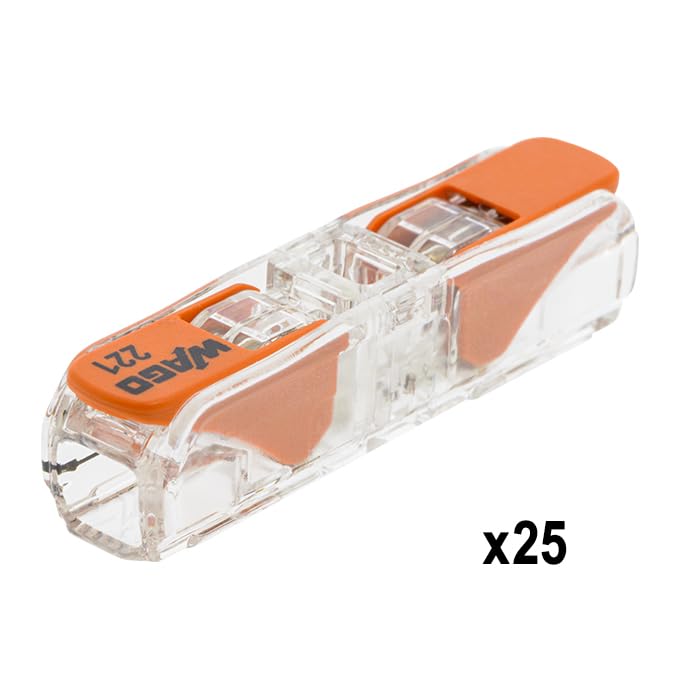 Sachet 25 bornes Wago, 32A, connexion CAGE CLAMP®, transparent, test visuel, 0,14-2,5 mm², sans outil, 405V, 4kV - 6