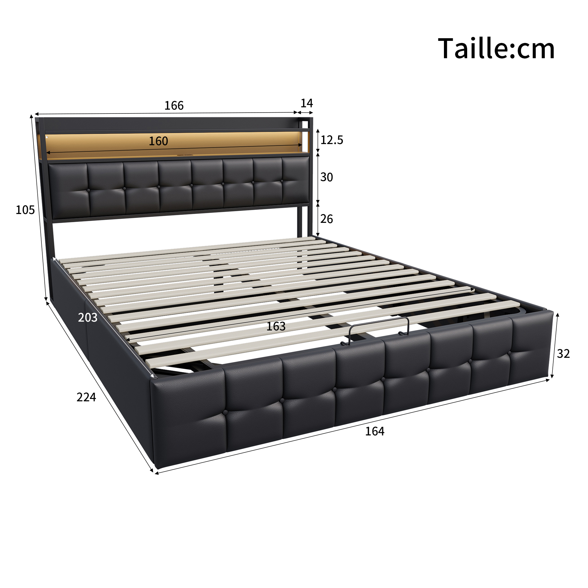 Lit coffre 160x200 cm avec sommier à lattes, lit double 160x200 cm avec LED, cadre de lit adulte avec port USB et Type C, tissu en PU, noir - 6