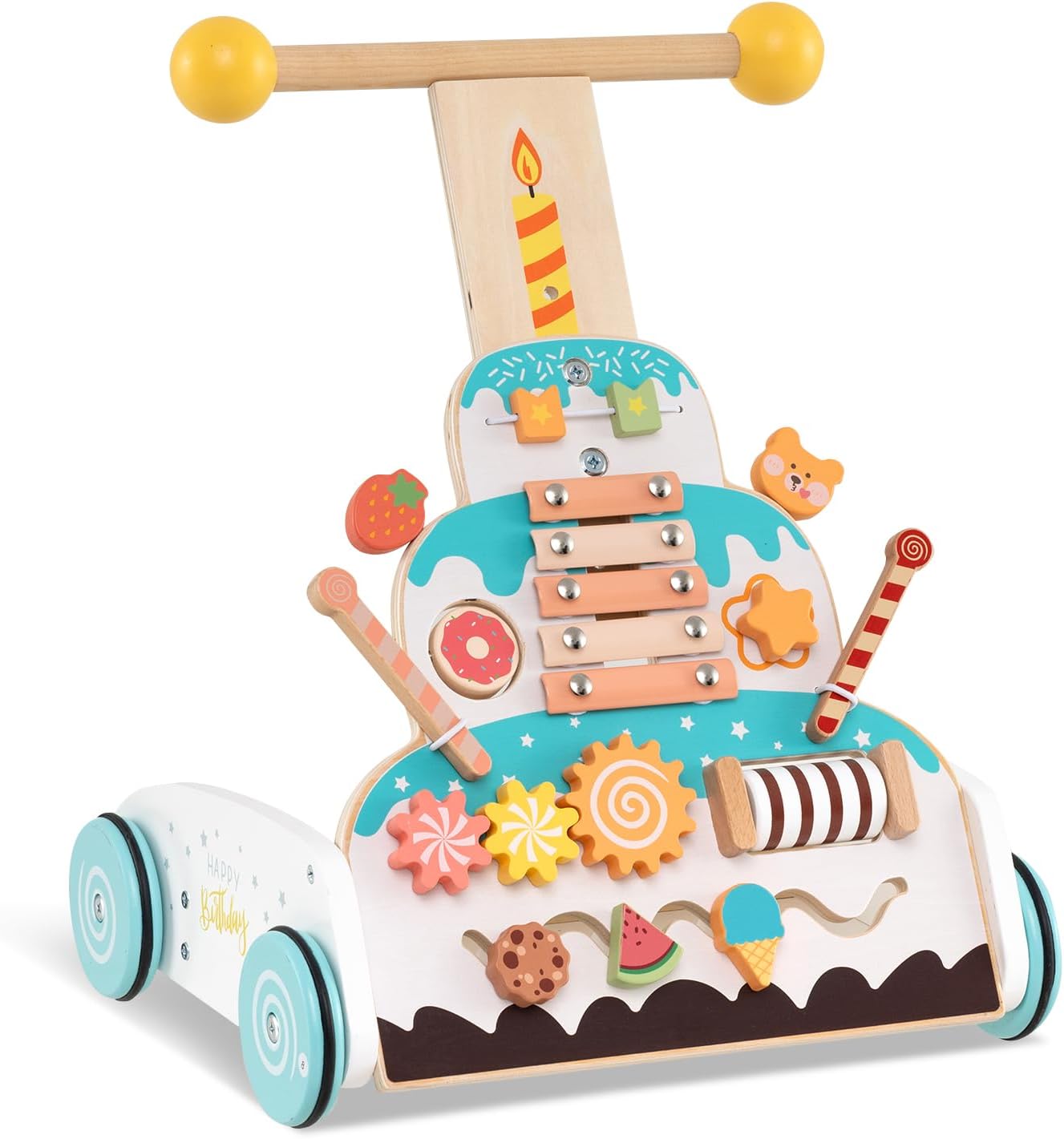 Chodzik dla Niemowląt, Drewniany Wózek do Chodzenia z Regulowaną Wysokością i Miękkimi Kółkami, Pchania i Ciągnięcia, dla Dzieci Powyżej 1 Roku Życia