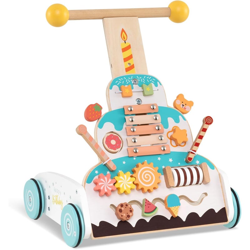 Chodzik dla Niemowląt, Drewniany Wózek do Chodzenia z Regulowaną Wysokością i Miękkimi Kółkami, Pchania i Ciągnięcia, dla Dzieci Powyżej 1 Roku Życia