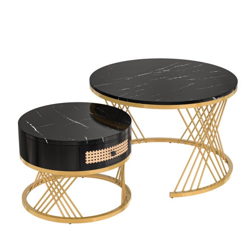Tavolino 2-in-1 in MDF con Piano Lucido e Piano in Vetro Temperato Marrone, Combinazione Tavolino Soggiorno con 2 Cassetti, Nero