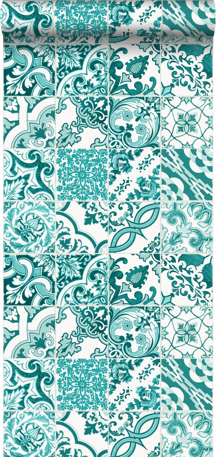 Papel pintado motivo de azulejos turquesa - 53 cm x 10.05 m - estahome