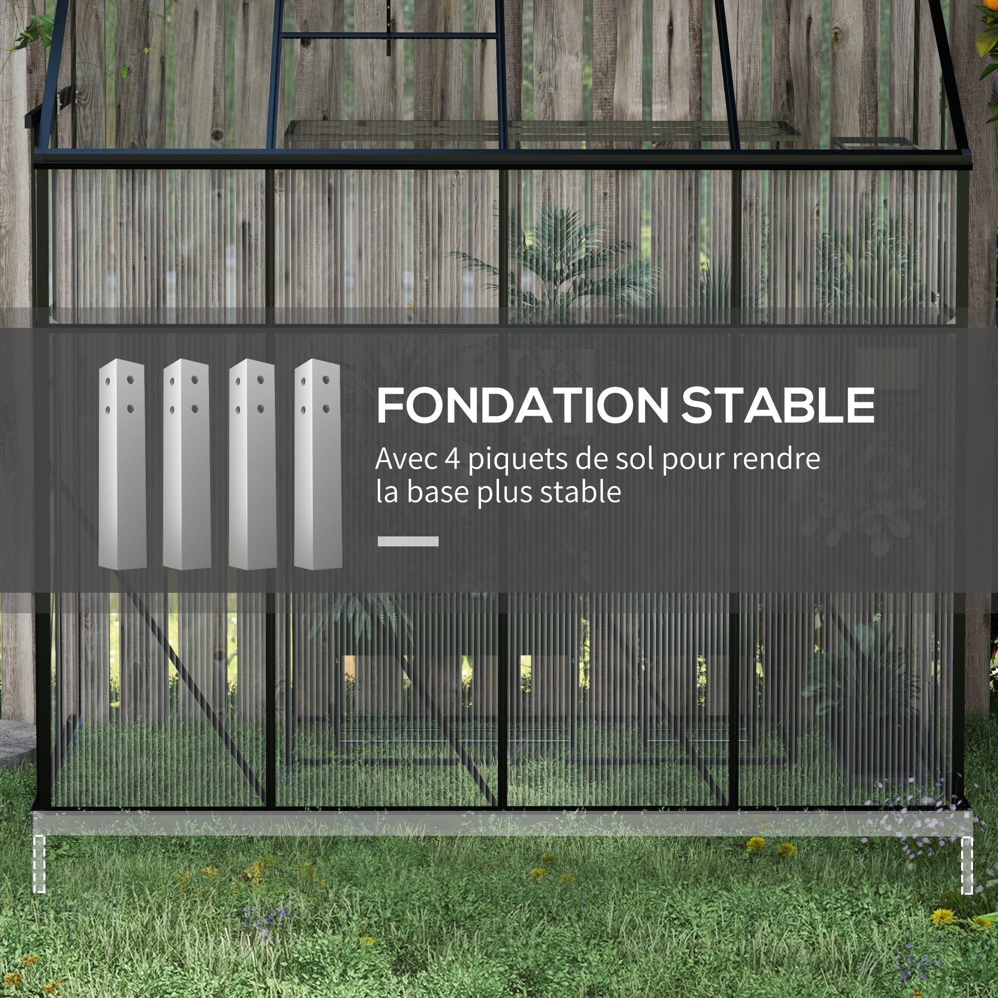 Serre adossée, serre de jardin polycarbonate, avec porte coulissante, évent de toit, fondation, 127 x 253 x 240 cm noir - 7