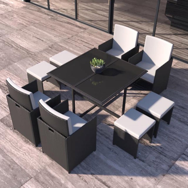 Table et chaises 8 places en résine tressée noir et blanc FLORIDA