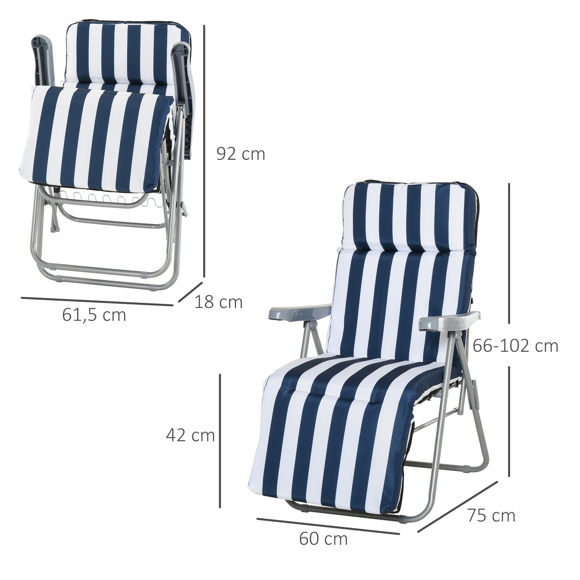 Lot de 2 chaises longues pliantes avec accoudoirs, pliables, 5 positions, coussin, bleues, 60 x 75 x 102 cm - 5