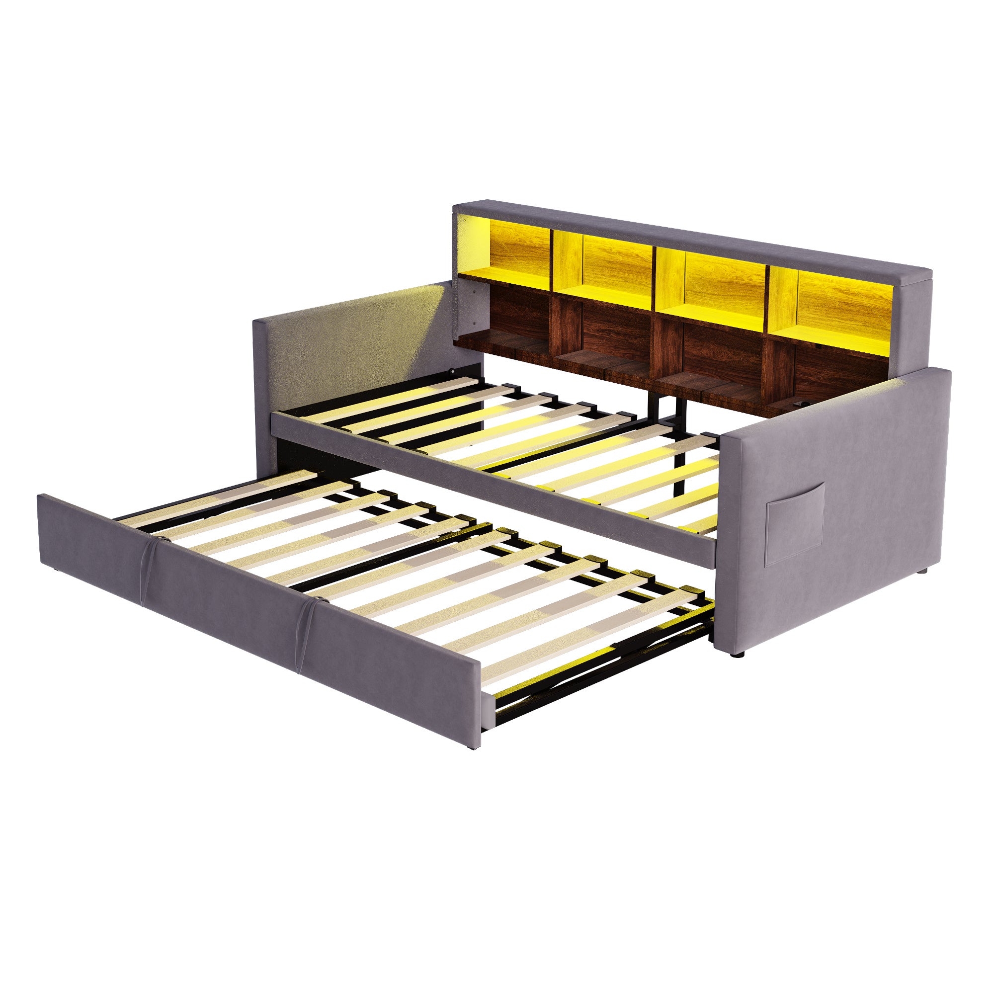Rozkładana sofa z poduszkami 90x190cm - z oświetleniem LED - z gniazdem ładowania - z wysuwane łóżko - tkanina welurowa - Ciemnoszary - 9