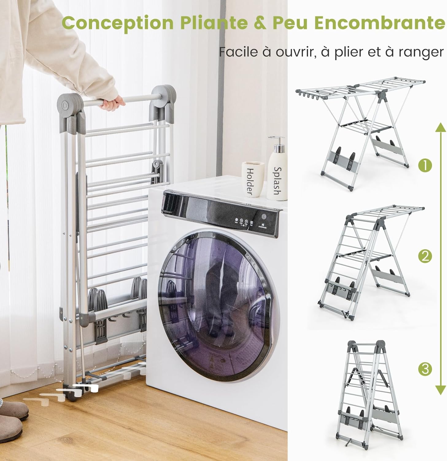 Étendoir Linge Intérieur, Sechoir à Linge Pliable en Alu 2 Niveaux, Seche Linge Intérieur Extérieur - 3