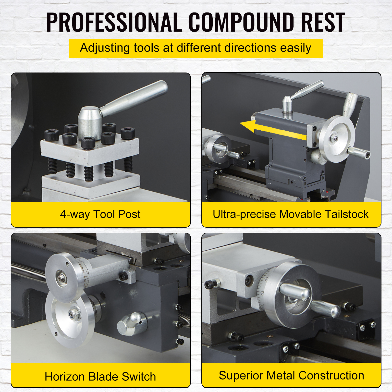 Tour à Métaux VEVOR 210x400 mm Mini Tour à Bois Affichage Numérique Vitesse Variable 50-2500tr/min Kit Tour Métal Outils Mesure pour Travaux Précision - 6