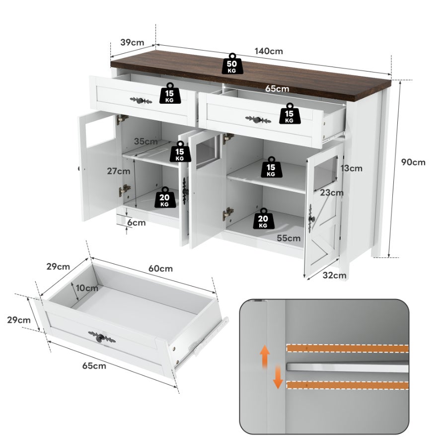 Credenza da 140 cm - 4 ante, 2 ampi cassetti, stile contemporaneo, mobile contenitore per sala da pranzo o cucina - 6