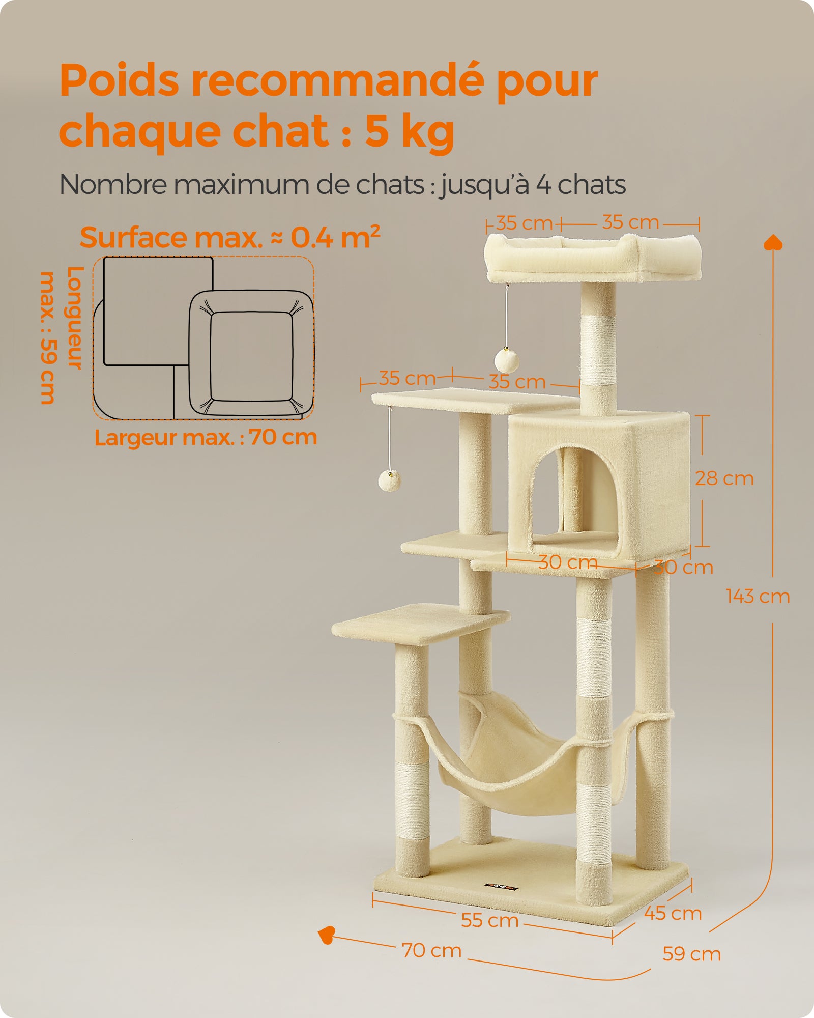 Arbre à Chat Hauteur 143 cm, avec 4 Poteaux à Griffer, 2 Plateformes, 1 Niche, 1 Hamac, 2 Pompons, en Tissu Peluche, Multi-niveaux, Beige - 5