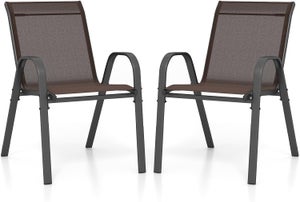 COSTWAY Lot de 2 Chaises de Jardin Cadre en Métal, Chaise de Salle à Manger Empilable en Tissu Respirant, Fauteuil d'Extérieur, Charge 150 KG, Marron