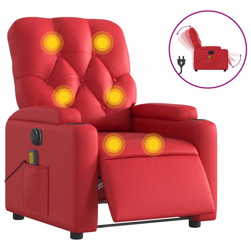 Sillón de masaje reclinable eléctrico de cuero artificial rojo vidaXL - 2