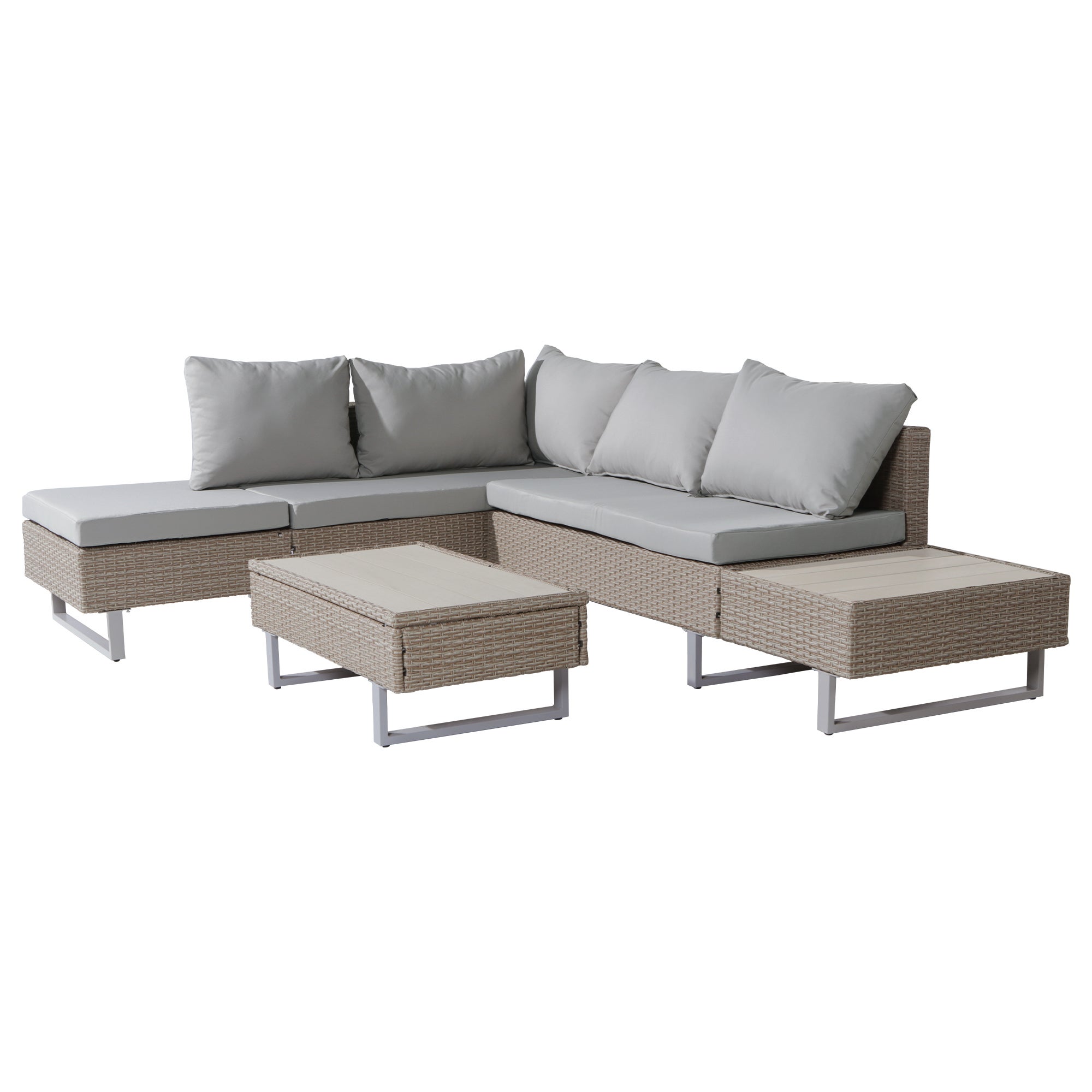 Salon de Jardin Exterieur en Rotin, Table de Jardin Exterieur avec Chaise, Canapé de Salon d'angle 4 Places avec Table et Coussins, Kaki - 9
