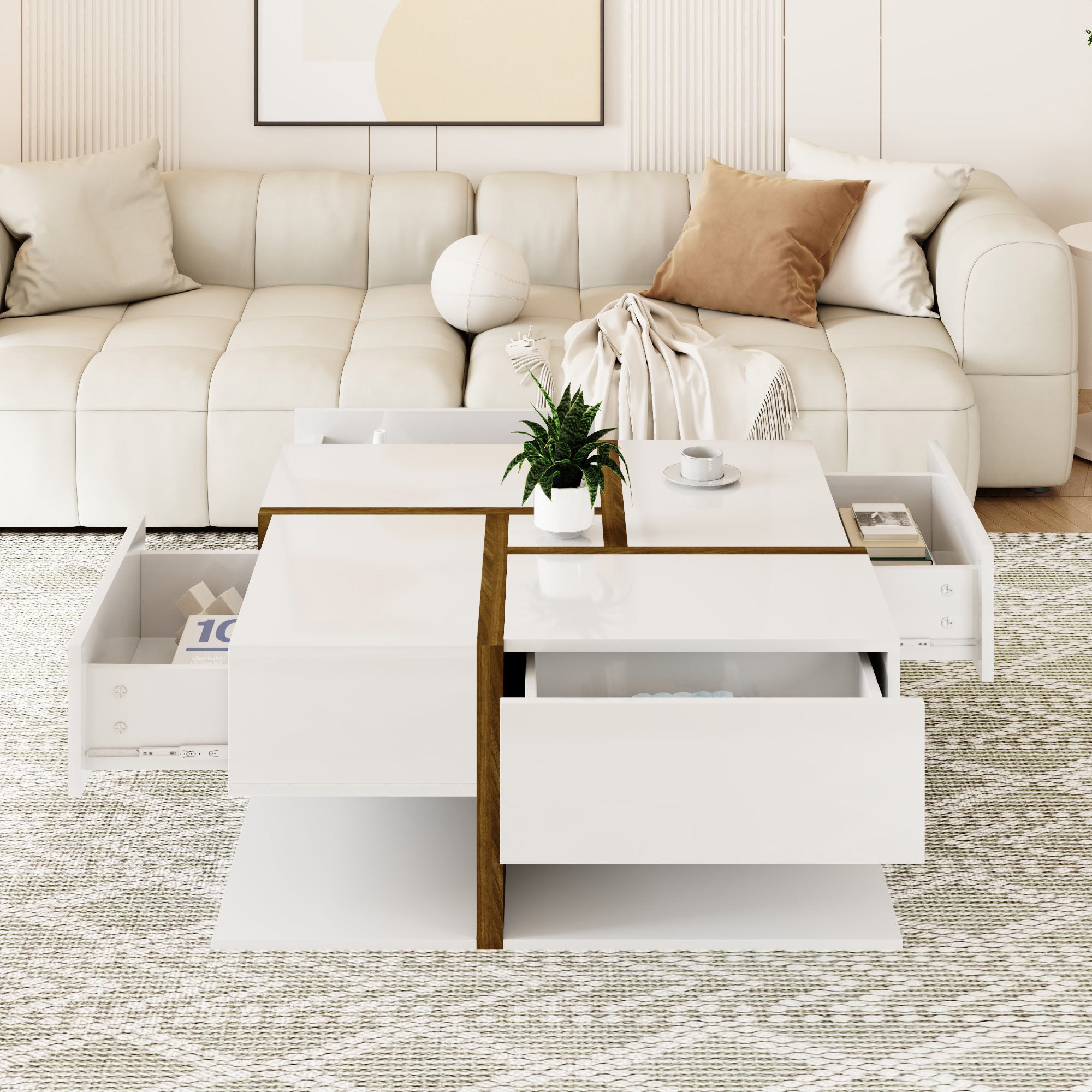 Table Basse Laquée avec Espace de Rangement Inférieur, Design Moderne à Lignes Bois, en Panneau de Particules Blanc et Couleur Bois 78×78×34,8 cm - 8