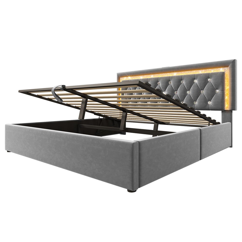 Cama tapizada, cabecero con tira LED en forma de diamante, estación de carga USB y Type-C, terciopelo, gris (sin colchón) - 140 x 200 cm - 7