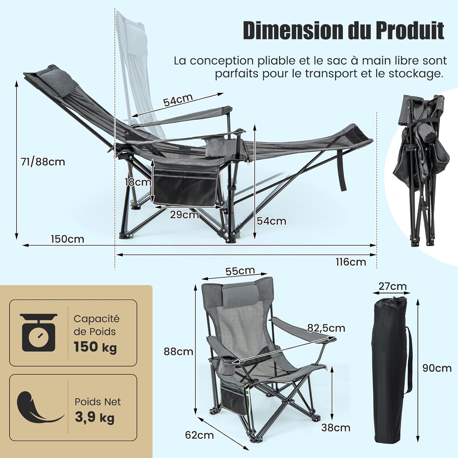 Chaise de Camping Pliable,Chaise Longue de Plage avec Repose-Pieds Et Appui-Tête,Charge 150 KG,Gris - 4