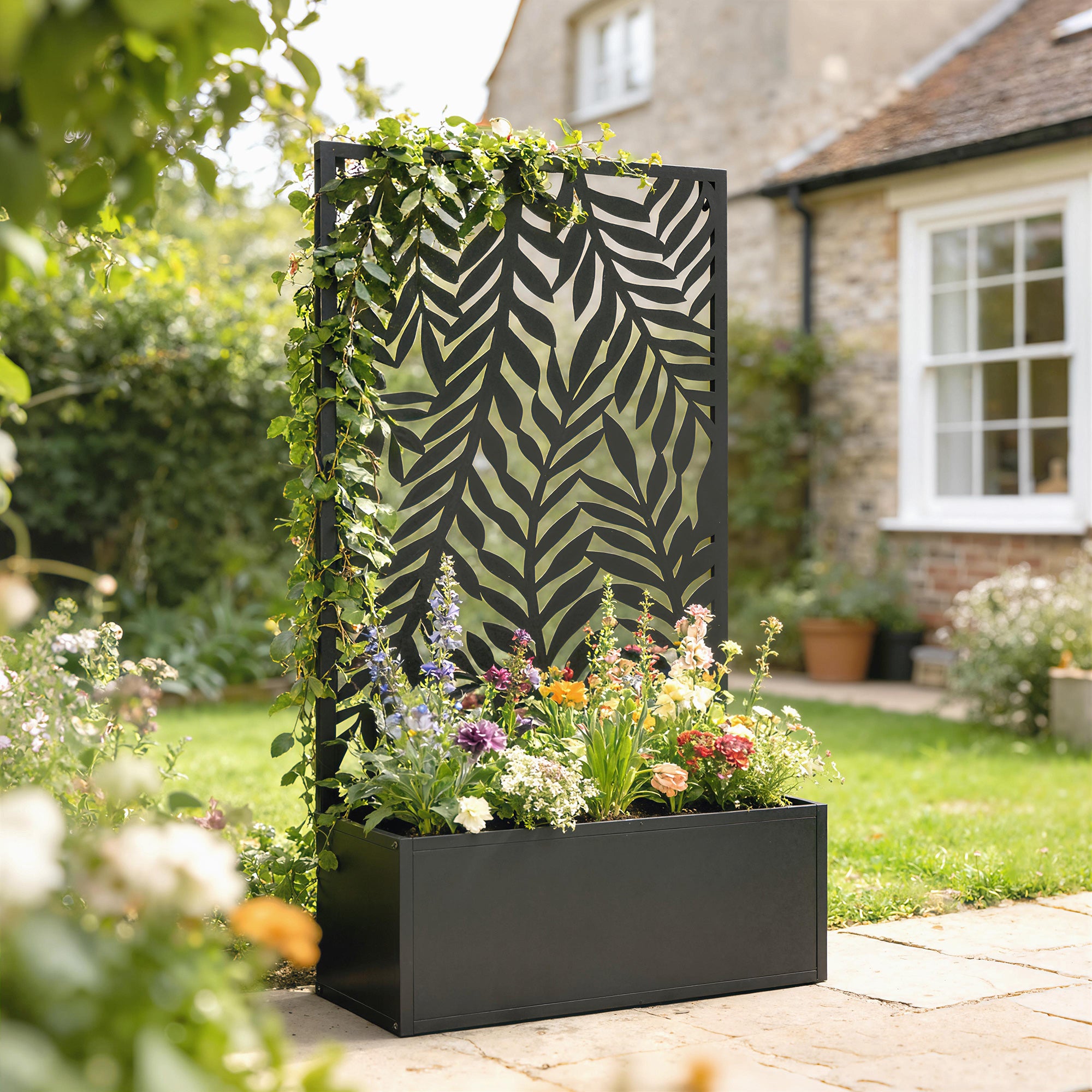 Jardinière avec paravent de confidentialité Jardinière avec treillis Motifs de feuilles tropicales 61 x 23 x 113 cm Noir - 4