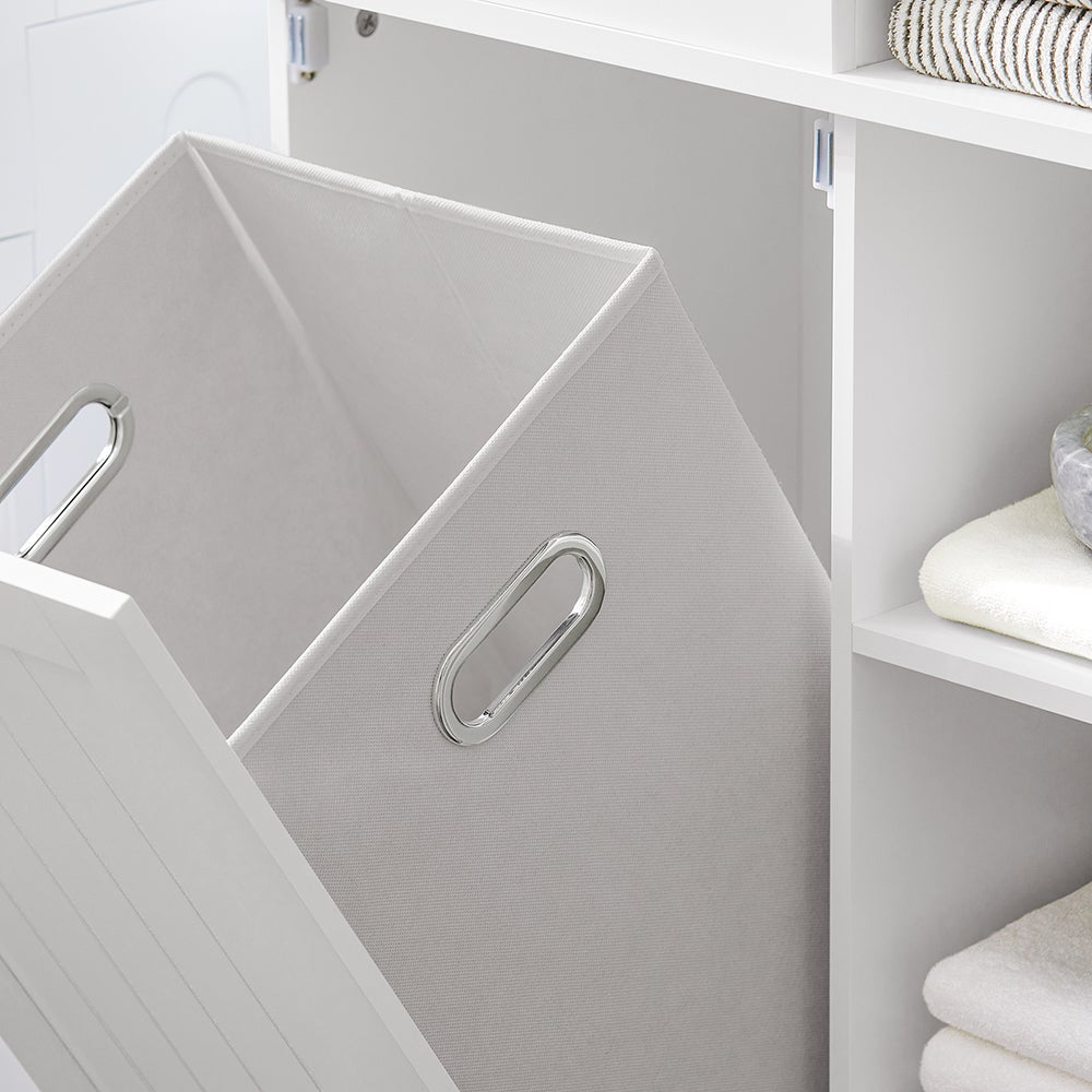 SoBuy Columna de Baño, Armario Alto con 2 Puertas y 2 Cajones, 6 Estantes y 1 Cesto para Ropa, Blanco, BZR104-W - 6