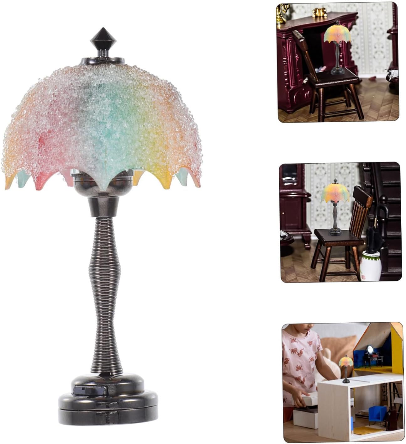 Mini lampka biurkowa do domku dla lalek 1:12, klosz z kolorowych cząsteczek, realistyczny model mikro-krajobrazu, dekoracja domku dla lalek