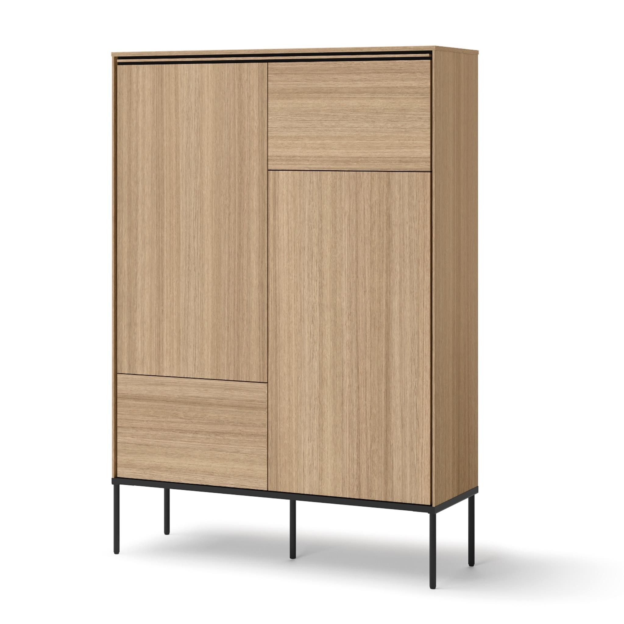 Komoda VISSO 98 cm – wysoka, dąb linearny, 6 półek, metalowe nogi – nowoczesny styl