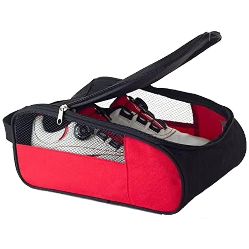 Torba na buty golfowe dla kobiet i mężczyzn, z zamkiem błyskawicznym i wentylacją, idealna na buty sportowe, podróżne (czerwono-czarna)