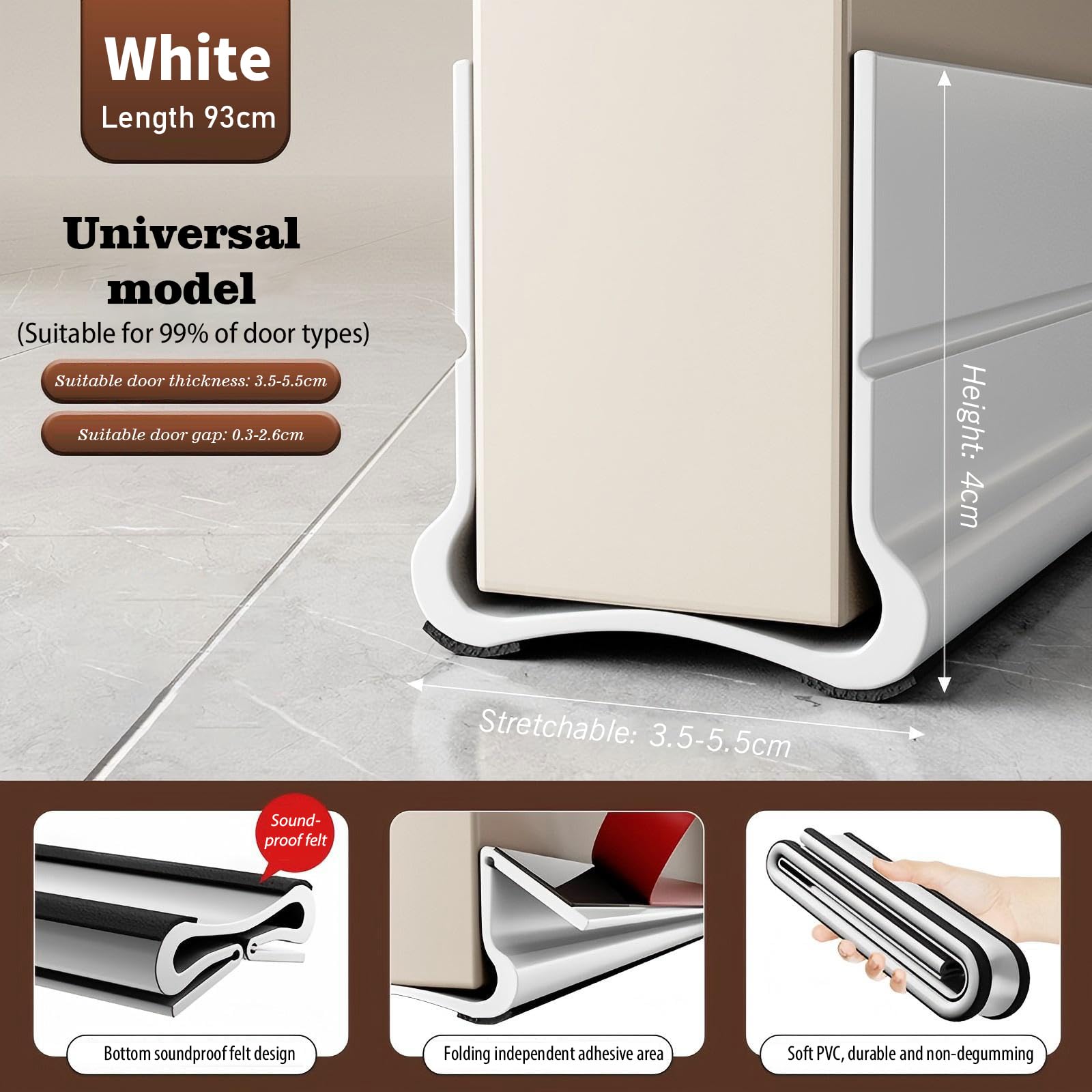 Guarnizione per porta in silicone autoadesiva bianca lunga 93 cm, adatta per porte con uno spazio nella parte inferiore da 0,3 a 2,6 cm - 3